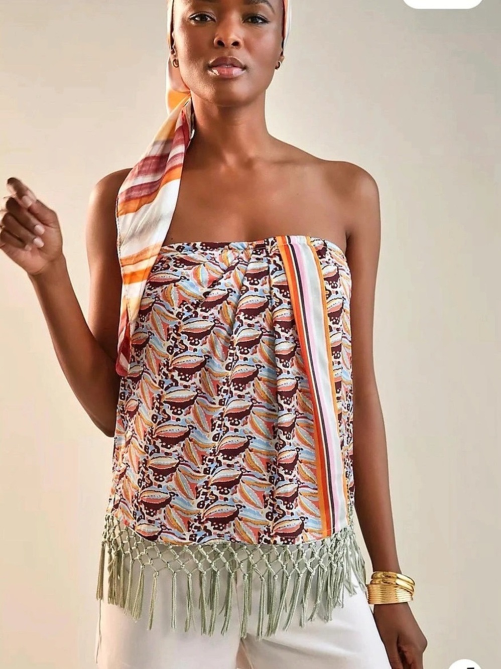 Anthropologie Fringe-Scarf Tube Top Printed Crop Top in Orange & White